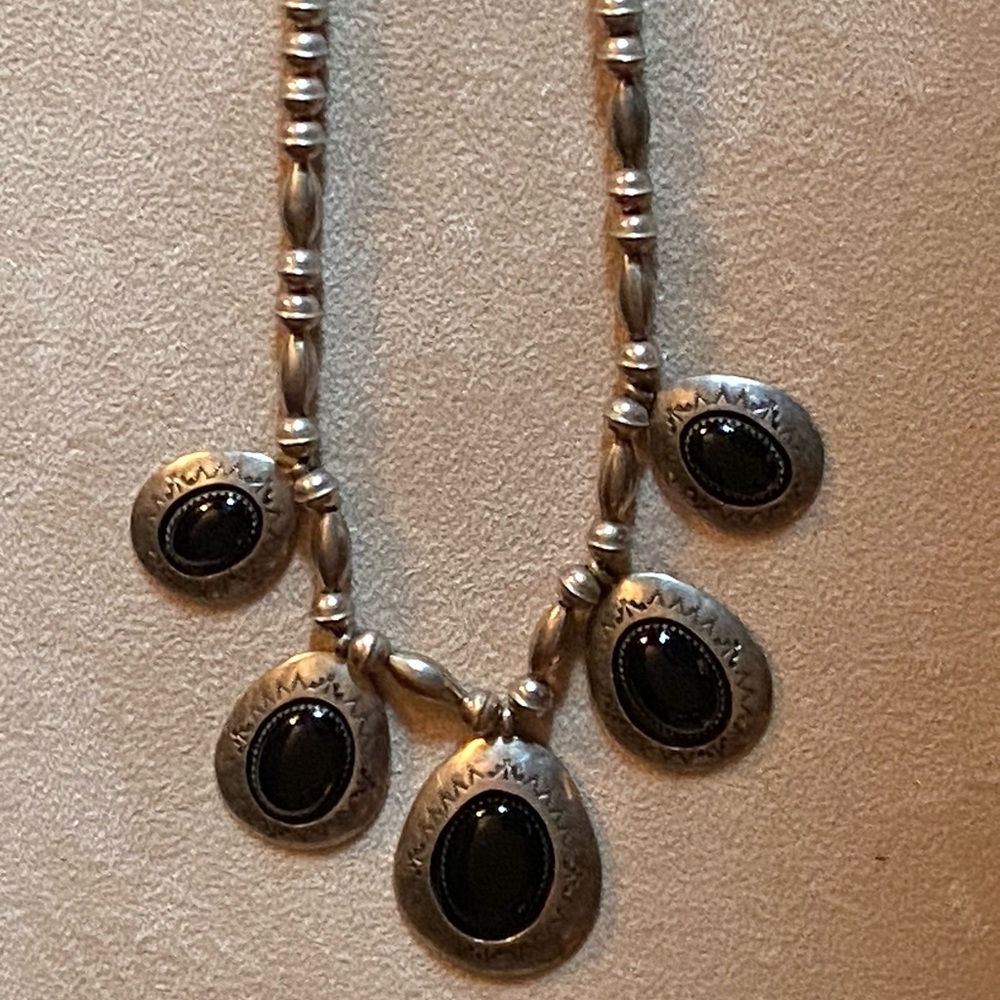 Marked TC Sterling Vintage Native American necklace with 5 Onyx pendants